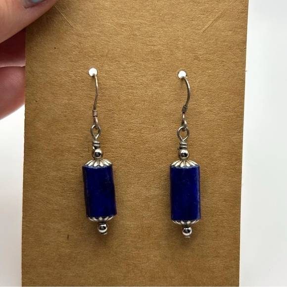 925 Sterling Silver Hook Dangle Earrings with Royal Blue Lamp Inspired Design - Picture 3 of 8